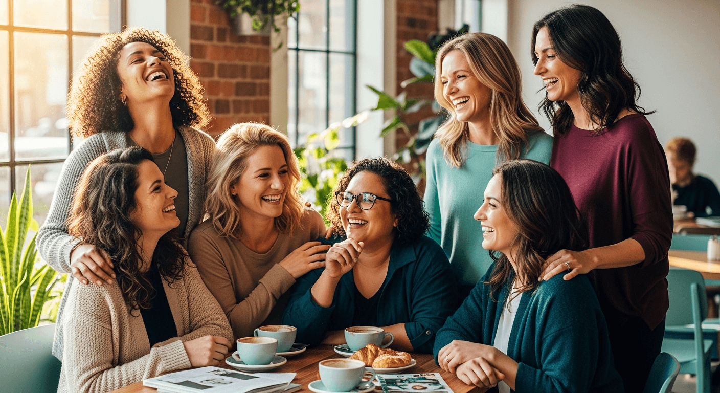 Group of women laughing together at a cafe